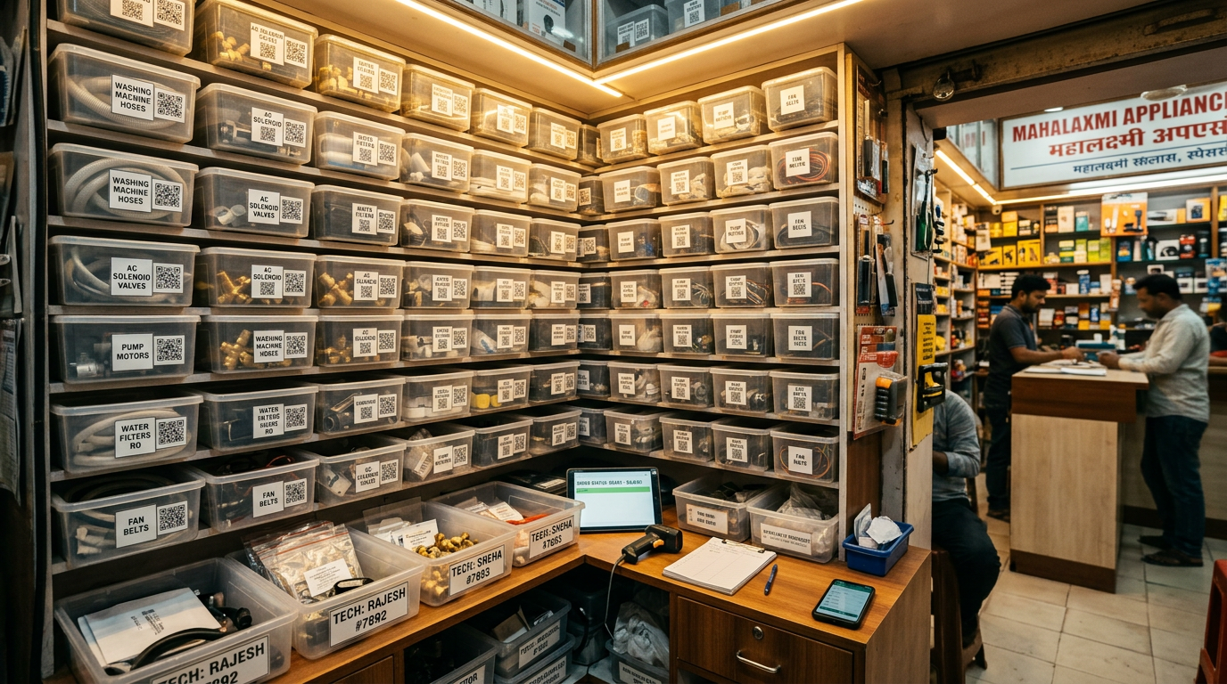 Warehouse shelves spare parts staging micro-fulfillment for appliance repair logistics