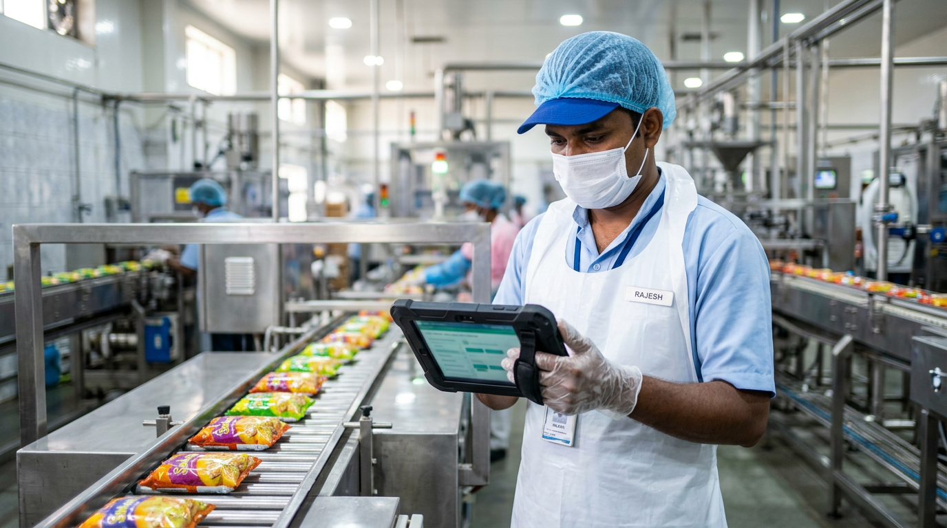 Food processing factory floor MSME compliance quality control automation workflow