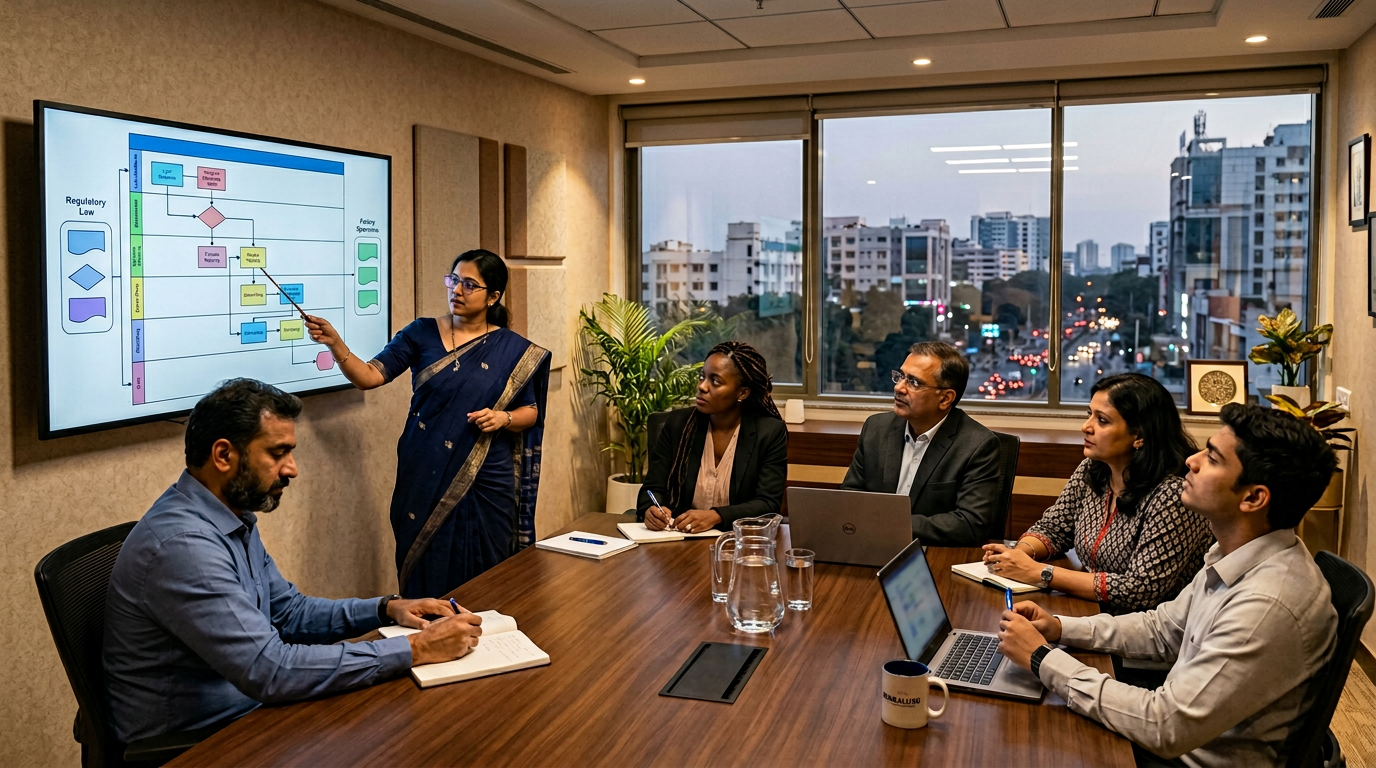 Business team analyzing compliance workflow charts RegOps automation startup planning