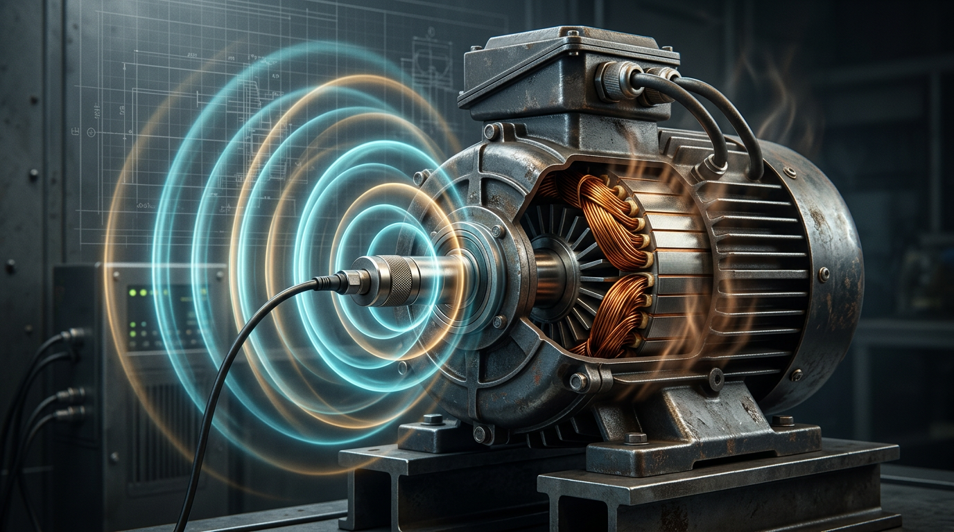 Industrial equipment close-up acoustic monitoring vibration predictive maintenance AI sensors