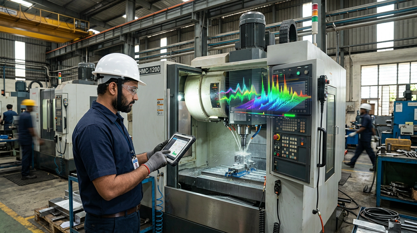 Factory worker operating industrial machine predictive maintenance edge AI manufacturing India 2026